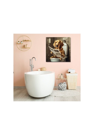 Tekli Kare Kanvas Banyo Tablosu Gazete Okuyan Golden Cins Köpek Kanvas Çok Renkli Çerçevesiz