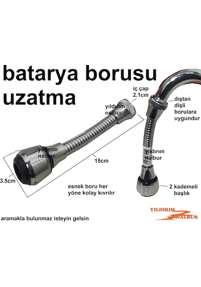 MUTFAK BATARYA UCU 15CM ESNEK PERLATÖR 2 KADEMELİ BATARYA BORUSU