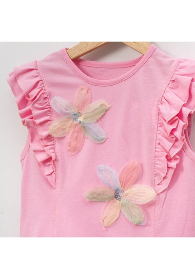 Overdo Kids Kız Çocuk Çiçekli Fırfırlı Kısa Kollu %100 Pamuklu T-shirt Pembe