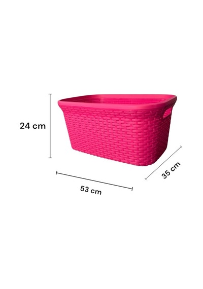 2'li Set Hasır Desenli Plastik Fusya Çamaşır Sepeti & Fusya Çamaşır Selesi Fuşya