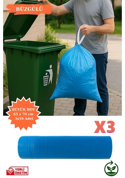 Premium Büzgülü Büyük Boy Çöp Poşeti 65x70 Cm 3x10 Adet Ev Mutfak İş Ofis Avantajlı Ekonomik Paket
