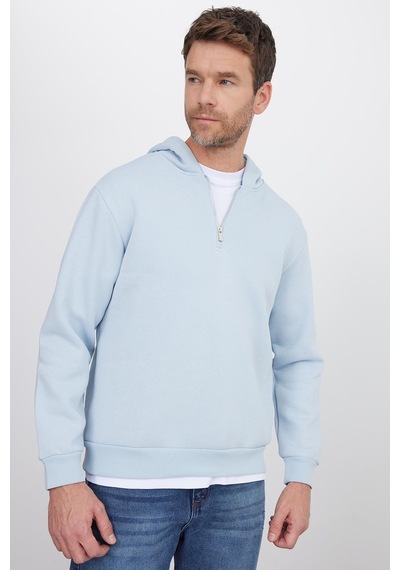 Tudors Unisex Relax Fit Rahat Kesim Pamuklu İçi Polarlı Yarım Fermuarlı Mavi Kapüşonlu Sweatshirt-37029