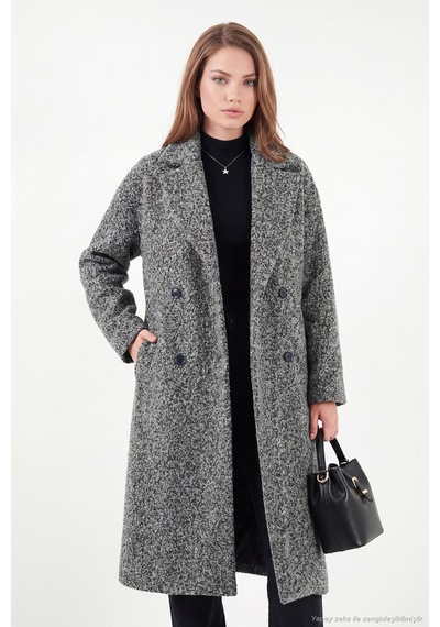 Lela Oversize Fit Mono Yaka Düğmeli Buklet Uzun Kaşe Kaban Kadın Kaban 6811997 Antrasit