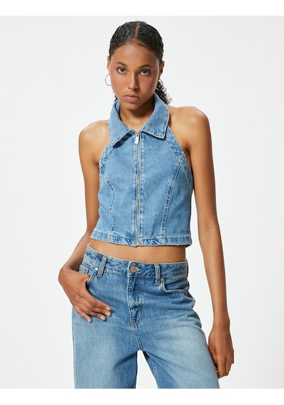 Koton Halter Yaka Denim Crop Top Fermuarlı Sırt Dekolteli Slim Fit Açık İndigo 4sal30034md Açık İndigo Koton Halter Yaka Denim Crop Top Fermuarlı Sırt Dekolteli Slim Fit Açık İndigo 4sal30034md Açık İndigo