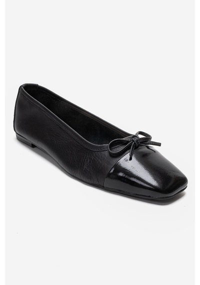 Luvi Shoes Romy Siyah-siyah Rugan Hakiki Deri Küt Burunlu Fiyonklu Kadın Babet Ayakkabı