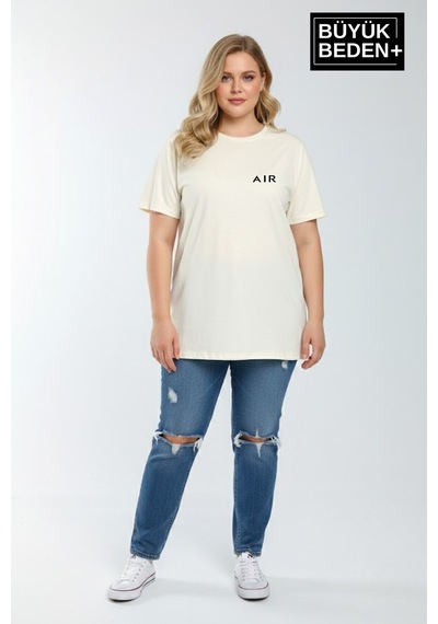 Superlife Kadın Büyük Beden Ar Baskılı 3xl-6xl Bisiklet Yaka Tshırt Spr26btsk510-1 Ekru