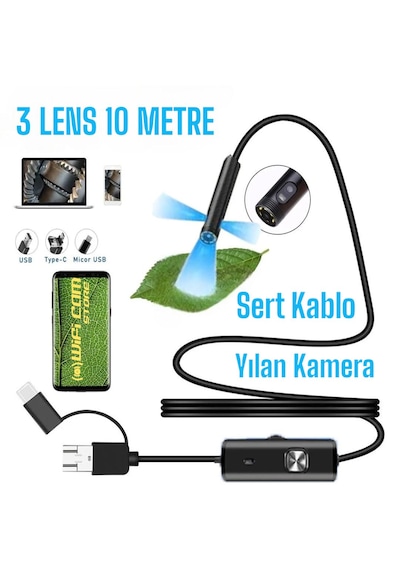 Yılan Kamera 3 Lens 10 Metre Sert Kablo