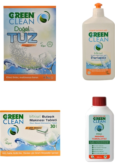 U Green Clean Bitkisel Bulaşık Makinesi Deterjanı 30 Tablet + Parlatıcı 500 ML + Tuz 1500 G + Makine Temizleyici 250 ML