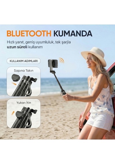 Juo Jst20 Kumandalı Mini Tripod Monopod Selfie Çubuğu Android Apple iPhone Uyumlu Beyaz