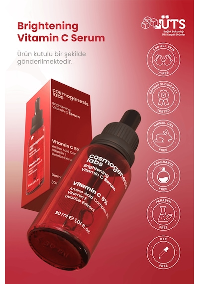 Cosmogenesis Labs %5 Vitamin C Aydınlatıcı Serum 30ml – Parlatıcı Ton Eşitleyici Pürüzsüzleştirici Vegan Askorbik Asit