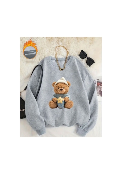 Herkesemoda Uykucu Ayı Baskı Detaylı Bisiklet Yaka Sweatshirt Gri