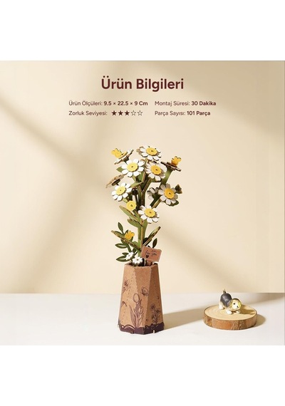 Rowood Tw061 Papatya Çiçeği Chamomile Dıy Minyatür Maket Model Seti Ahşap 3d Wooden Puzzle Model Kit Ahşap Maket Dekoratif Hobi Seti