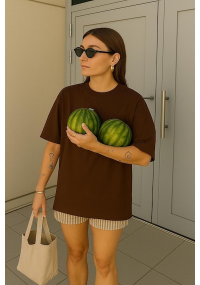 Oversize Unisex Tişört Kahverengi