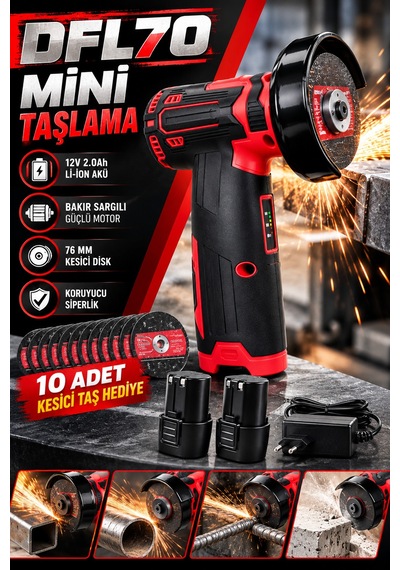 Dfl70 Şarjlı Mini Taşlama Makinesi 12v Li-ıon Çift Akü 76 Mm Kesici Disk Ve 10 Adet Taş
