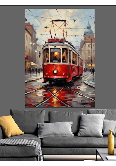 Ahşap Tablo Kırmızı Tramvay Şehir Sokak
