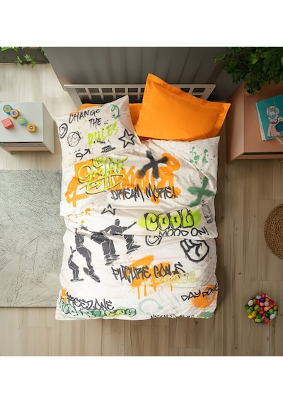 Cotton Box Genç Odası Tek Kişilik Lastikli Çarşaflı Nevresim Takımı Graffiti Oranj