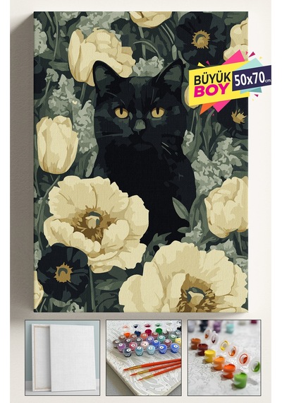 Sayılarla Boyama Seti Numaralı Tuval Fırça Boya Dahil Kasnaklı Set 50x70cm-beyaz Çiçekler Siyah Kedi