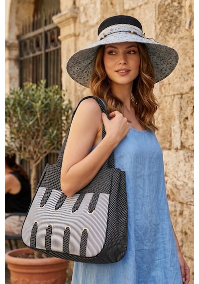 Bay Şapkacı Bohem Çiçekli Hasır Şapka Ve Puantiyeli/çizgili Modern Bez Çanta Seti 1317-1336 Siyah