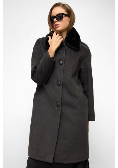 Olcay Çıkabilir Kürklü Düşük Kol Büyük Beden Kaban Antrasit 3089