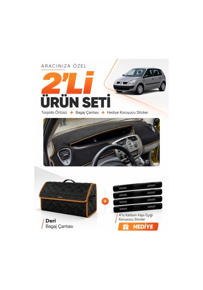 Renault Scenıc 2 2003-2009 Uyumlu Torpido Örtüsü + Deri Bagaj Çantası + Sticker - Siyah Kahverengi