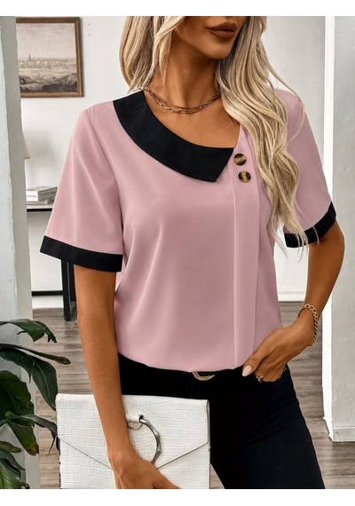Buğrahayalin Kadın Kısa Kollu Asımetrik Yaka Detaylı Düğmeli Dubai Bluz Pembe