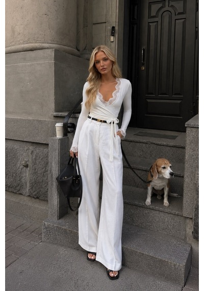 Black Fashion Kruvaze Bağlamalı Dantelli Beyaz Bluz