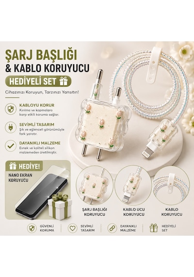 İphone 15 Plus Uyumlu Nano Ekran Koruyucu Hediyeli Şarj Başlığı & Kablo Koruyucu Koruma Seti A38