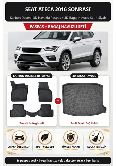 Seat Ateca 2016+ Araca Özel Karbon Desenli 3d Paspas Bagaj Havuzu Set Sabit Zemin Sağ Kulak Siyah