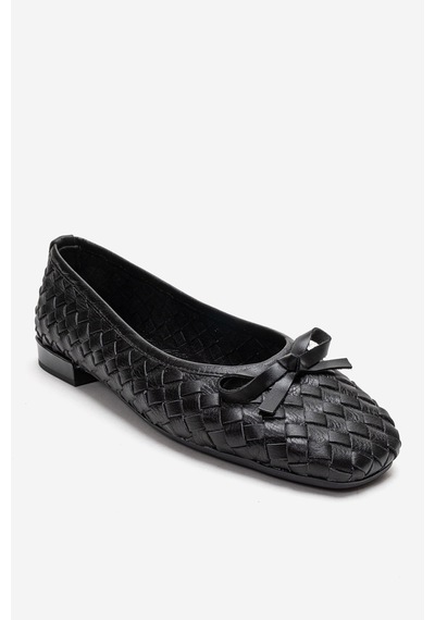 Luvishoes Garen Siyah Örgü Hakiki Deri Fiyonklu Kadın Babet Ayakkabı