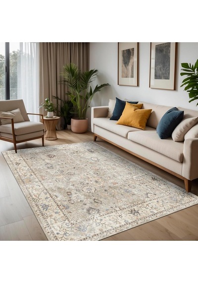 Latte Dizayn Monty Vintage Desenli Şönil Pamuk Tabanlı Yıkanabilir Kaymaz Antibakteriyel Salon Halısı 80x200 Diğer