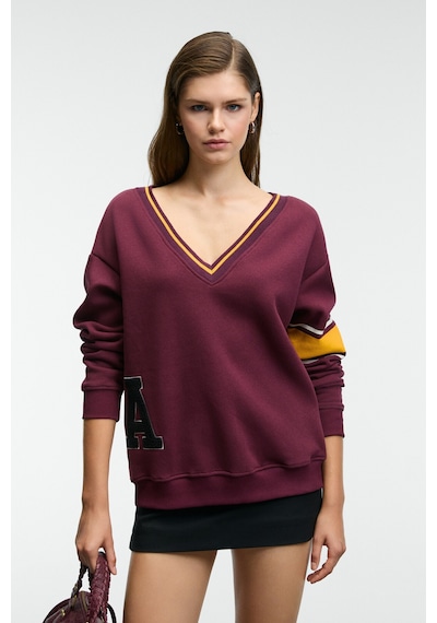 Grımelange Dıvıne Kadın V Yakalı Nakış Ve Patch Detaylı Bordo Sweatshirt Bordo