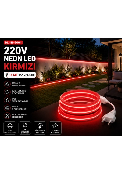 5 Metre Tak Çalıştır Kırmızı Renk Neon Led Borsan 220v Neon Led Kırmızı Montaj Aparatı Dahil Kırmızı - 5 Metre