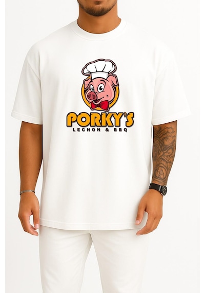 Bahriyeli Collection Oversize Porky's Lechon Barbecue Domuz Göğüs Tasarımlı Unisex T-shirt Beyaz