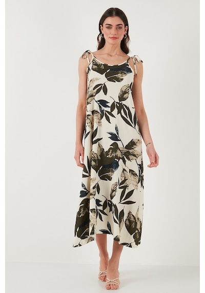 Lela Desenli Oversize Fit Bağlamalı Ip Askılı Yuvarlak Yaka Midi Boy Bayan Elbise 5869022 Yeşil