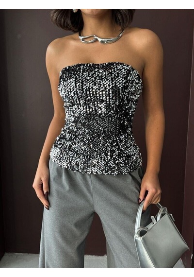 Ckm Moda Rubina Payetli Straplez Bluz Gümüş