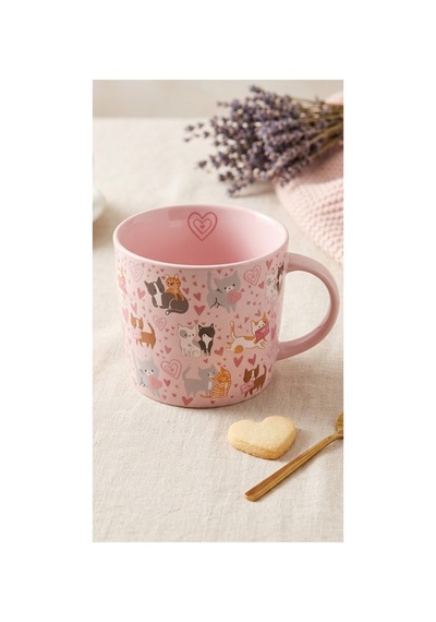 Pembe Kedi Desenli Seramik Kupa Diğer