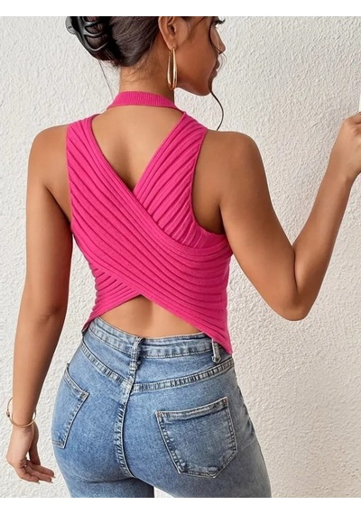 Dogutrend Kadın Sıfır Kol Sırt Çapraz Detay Triko Bluz Pembe