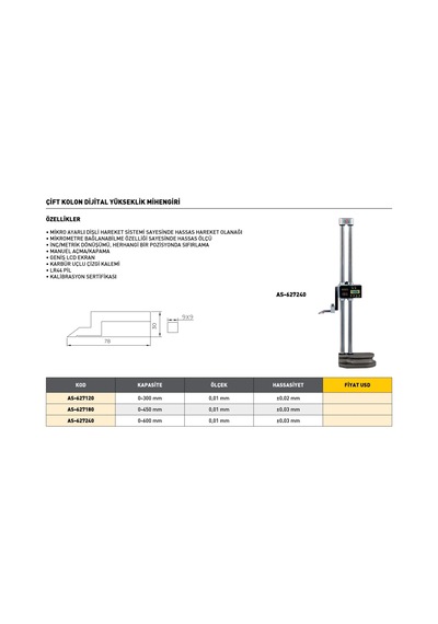 Fett 0-450mm Asimeto Çift Kolon Dijital Yükseklik Mihengiri As-627180