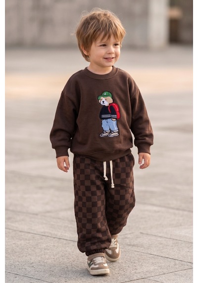 Babymod Erkek Çocuk Ayıcık İşlemeli 3 İplik Pamuklu Kumaş Sweatshirt Ve Damalı Eşofman Altüst Takım Kahverengi Babymod Erkek Çocuk Ayıcık İşlemeli 3 İplik Pamuklu Kumaş Sweatshirt Ve Damalı Eşofman Altüst Takım Kahverengi