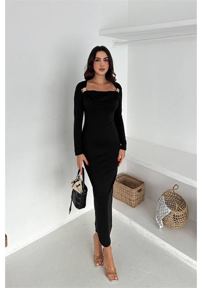 Neşeli Butik Kadın Drapeli Kayık Yaka Gold Aksesuarlı Elbise Nbk4386 Siyah