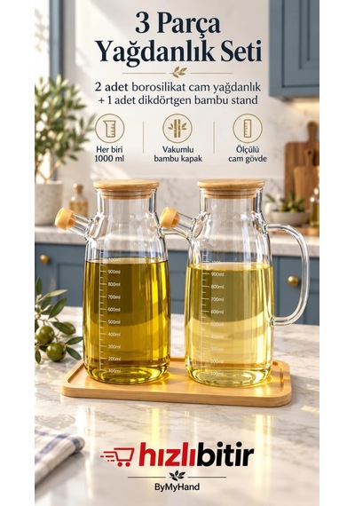 Bymyhand Ahşap Vakumlu Kapaklı Ahşap Stantlı Borosiklat Cam Yağdanlık Sirke Sos Ve Yağlık 1000 Ml 3' Şeffaf