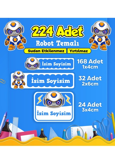 Robot Temalı Okul Kreş Kişiye Özel İsim Etiket Seti - Model 432 Çok Renkli