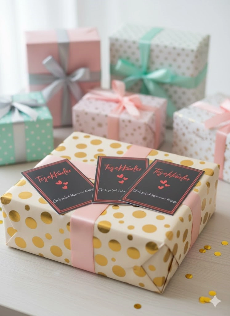 50 Adet Çizgi Detaylı Teşekkür Kartı - 5 Model - Paketleme Kartı - 9x6cm Kalın Parlak
