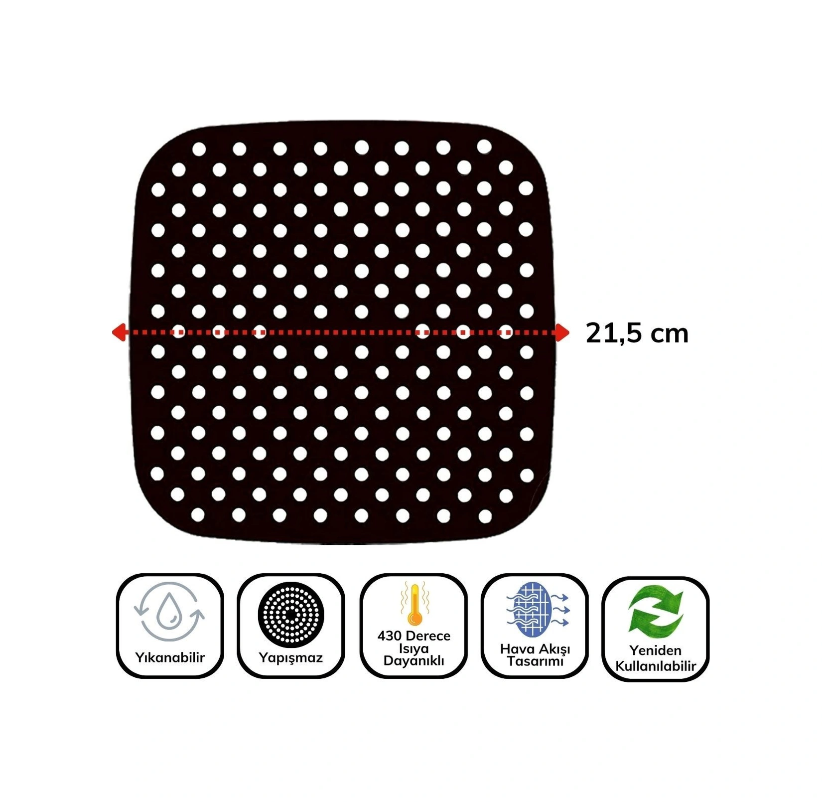 Mcg Siyah Isıya Dayanıklı Yıkanılabilir Silikon Fırın Ve Airfryer Kare Model Pişirme Matı 21,5 Cm