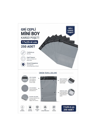Gri Cepli Mini Boy Kargo Poşeti 17x25+4 Cm 250 Adet