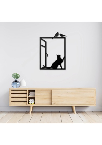 Camdaki Kedi Metal Tablo Siyah
