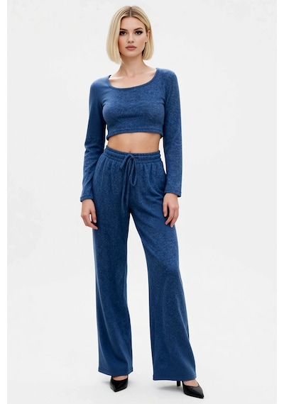 Benerly Kadın Alt Üst Koyu Yumoş Örme Crop Ve Geniş Paça Pantolon Takım F Indigo