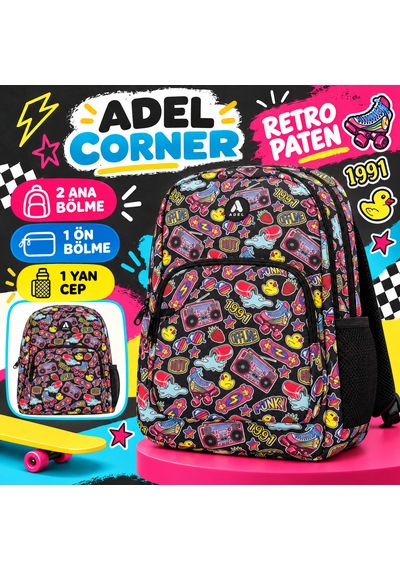 Adel Corner 23-2 45 Cm Çocuk Okul Sırt Çantası 2 Ana Bölmeli, Ön Bölmeli, Yan File Cepli - Desen Seçenekli Retro Paten Siyah Adel Corner 23-2 45 Cm Çocuk Okul Sırt Çantası 2 Ana Bölmeli, Ön Bölmeli, Yan File Cepli - Desen Seçenekli Retro Paten Siyah