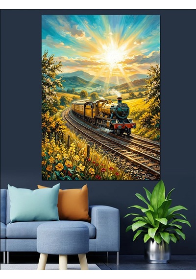 Raylarda İlerleyen Tren Ve Gün Işığı Dekoratif Kanvas - Mdf Ahşap Tablo