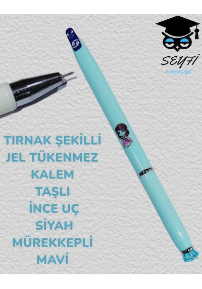 Tırnak Şekilli Jel Tükenmez Kalem Taşlı İnc Uç Siyah Mürekkepli Mor
